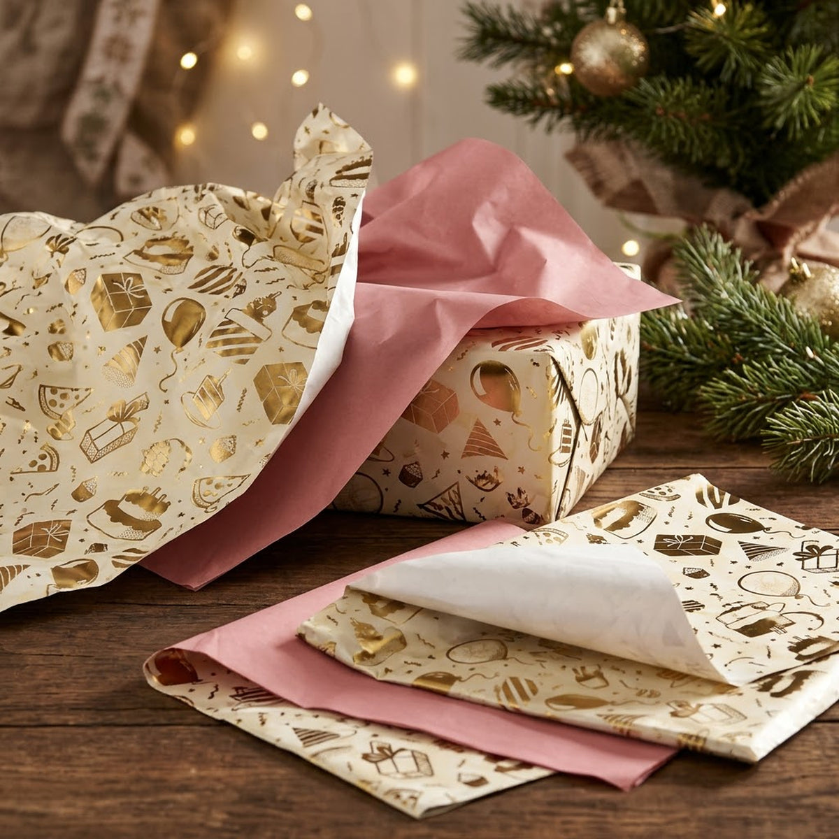 Pack of 8 Birthday Bliss Luxury Gold Foil Design & Plain Pink 50 x 70 cm Tissue Sheets - Girls, Cake, Celebration