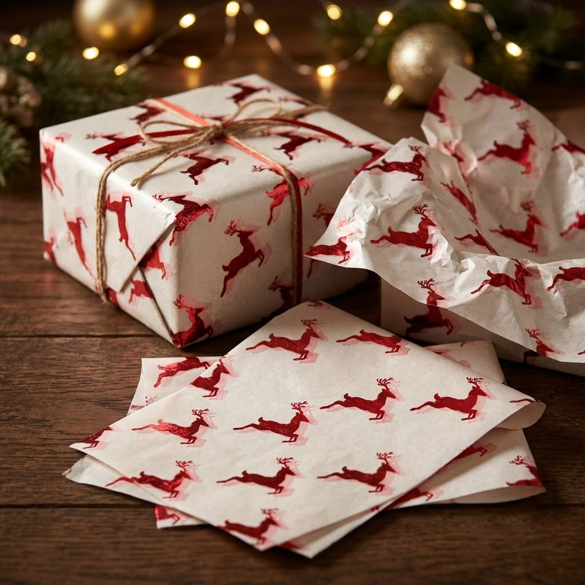 Pack of 5 Christmas Flying Reindeer Design 50 x 70 cm Luxury Red Foil Tissue Sheets