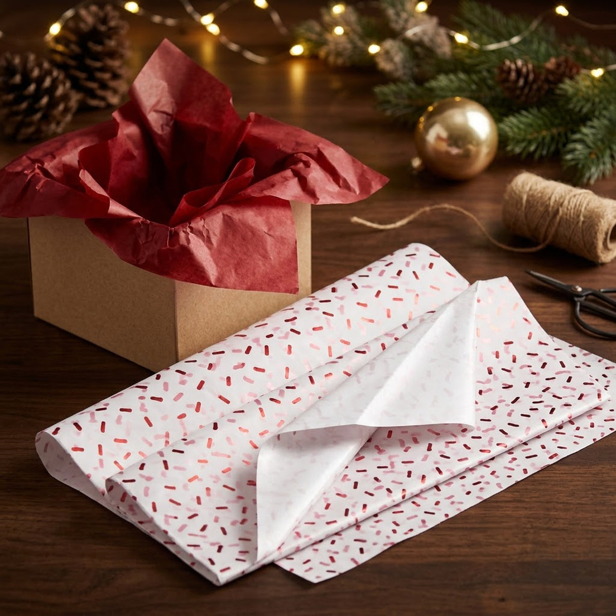 Pack of 8 Sprinkle Confetti Luxury Red Foil Design & Plain Red 50 x 70 cm Tissue Sheets - Christmas, Valentine, Birthday
