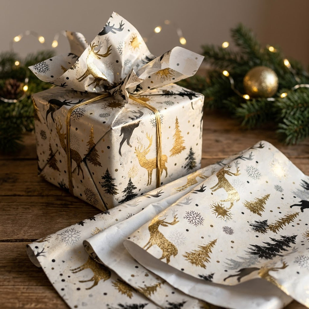 Pack of 5 Woodland Christmas Wonder Design 50 x 70 cm Luxury Foil Tissue Sheets - Reindeer, Snowflakes, Trees