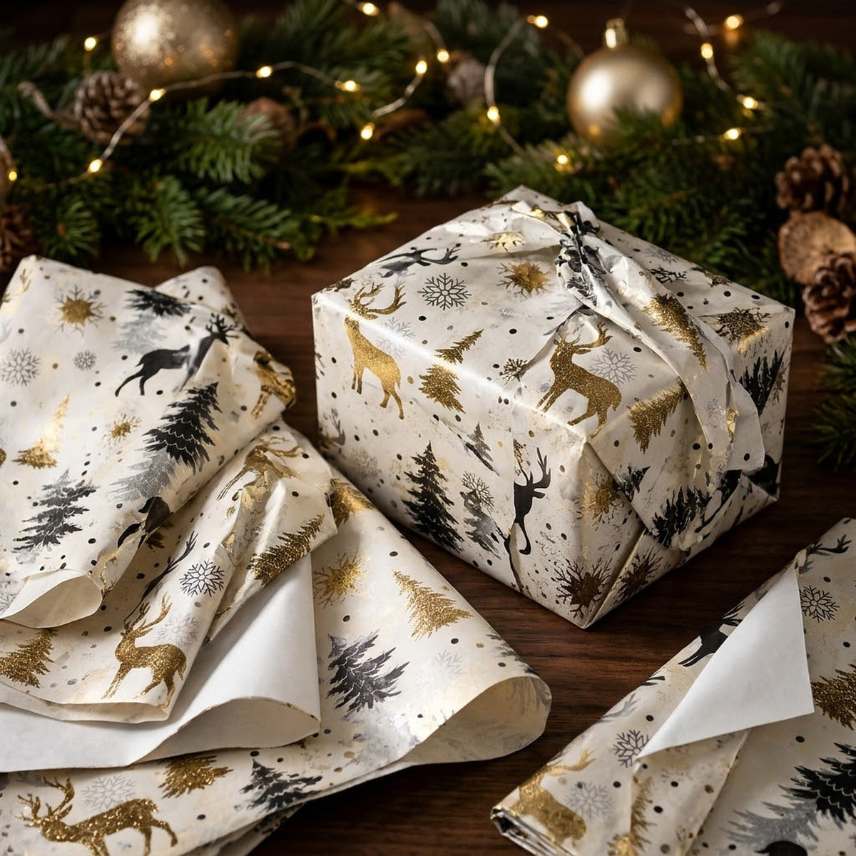 Pack of 5 Woodland Christmas Wonder Design 50 x 70 cm Luxury Foil Tissue Sheets - Reindeer, Snowflakes, Trees