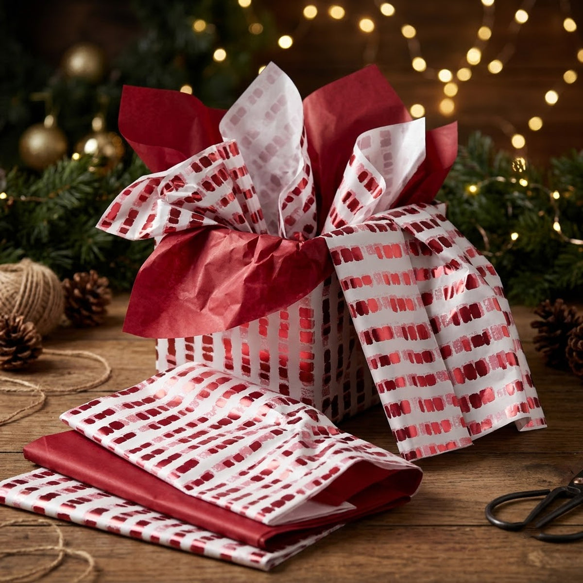 Pack of 8 Soft Dash Luxury Red Foil Design & Plain Red 50 x 70 cm Tissue Sheets - Christmas Valentine Wedding