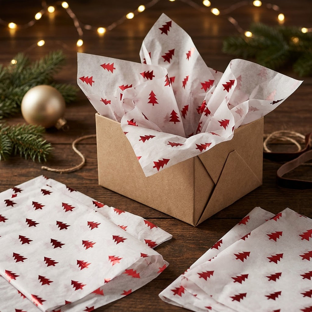 Pack of 5 Christmas Tree Evergreen Design 50 x 70 cm Luxury Red Foil Tissue Sheets