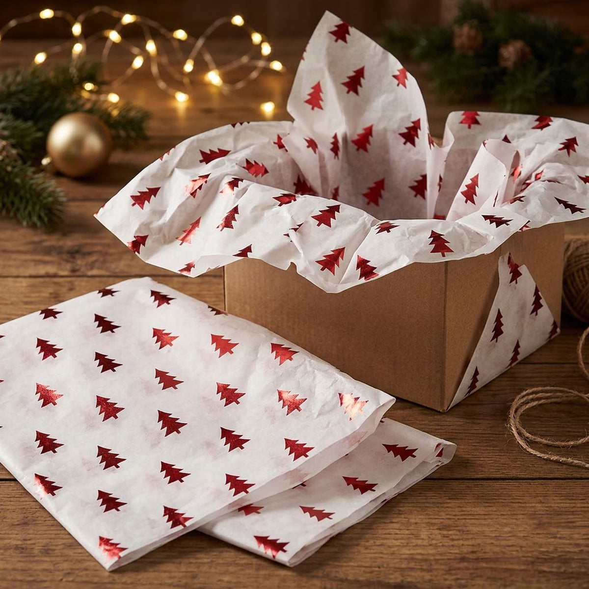 Pack of 5 Christmas Tree Evergreen Design 50 x 70 cm Luxury Red Foil Tissue Sheets