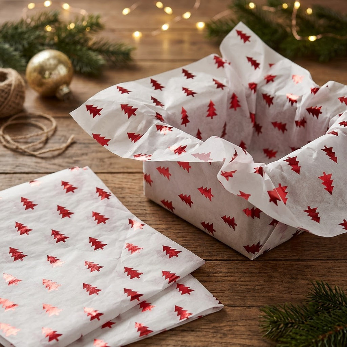 Pack of 5 Christmas Tree Evergreen Design 50 x 70 cm Luxury Red Foil Tissue Sheets