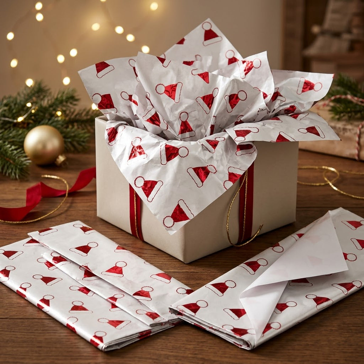 Pack of 5 Christmas Santa Hat Toss Design 50 x 70 cm Luxury Red Foil Tissue Sheets
