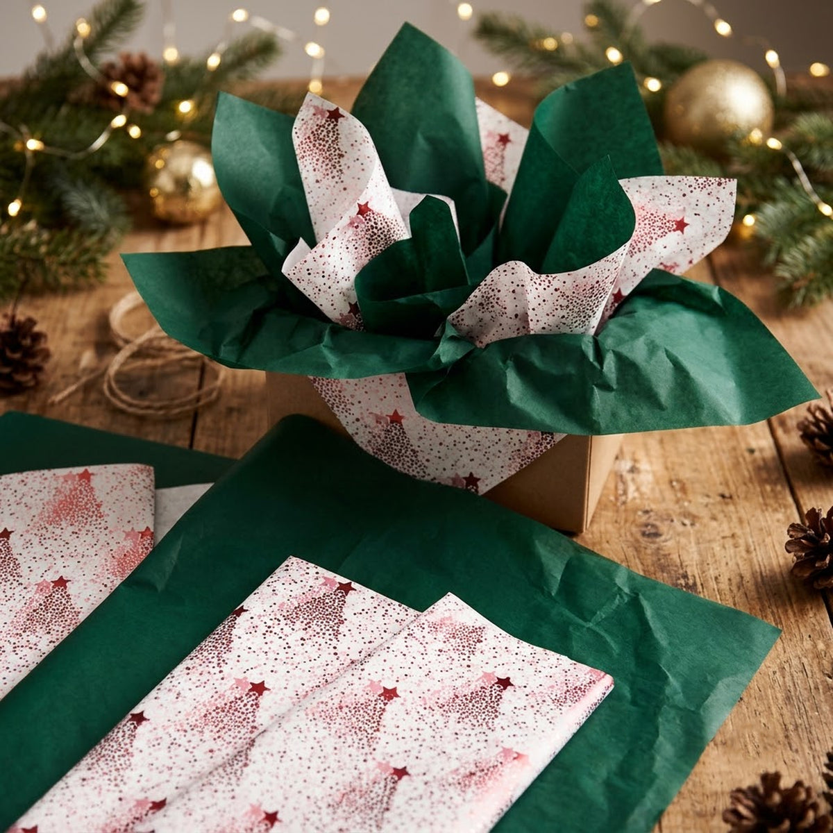 Pack of 8 Dotted Christmas Tree Luxury Red Foil Design & Plain Dark Green 50 x 70 cm Tissue Sheets