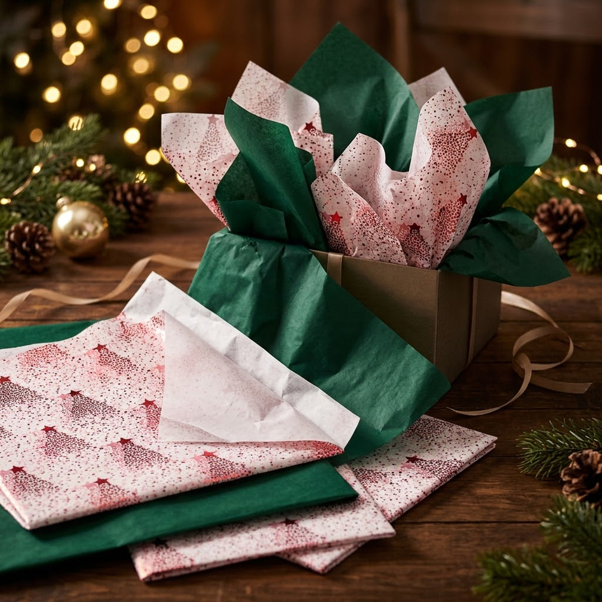 Pack of 8 Dotted Christmas Tree Luxury Red Foil Design & Plain Dark Green 50 x 70 cm Tissue Sheets