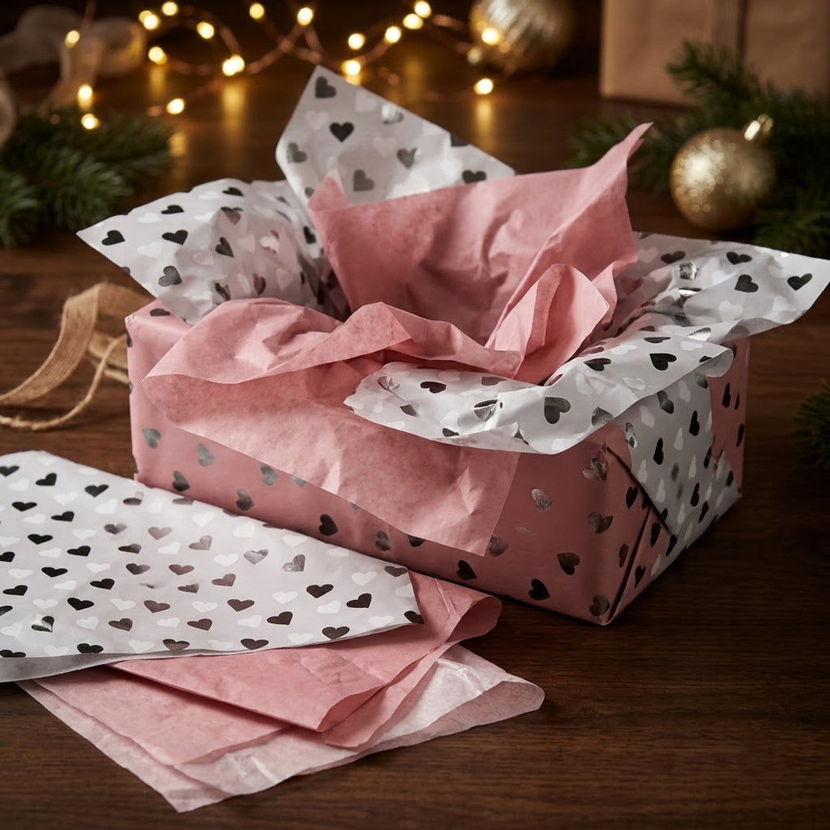 Pack of 8 Classic Hearts Luxury Foil Design & Plain Pink 50 x 70 cm Tissue Sheets - Valentine Romantic Gifting Birthdays Everyday Occasions