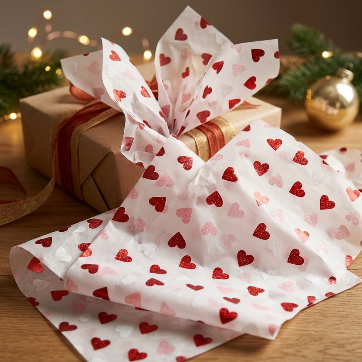 Pack of 5 Classic Hearts Design 50 x 70 cm Luxury Red Foil Tissue Sheets - Valentine, Wedding, Anniversary