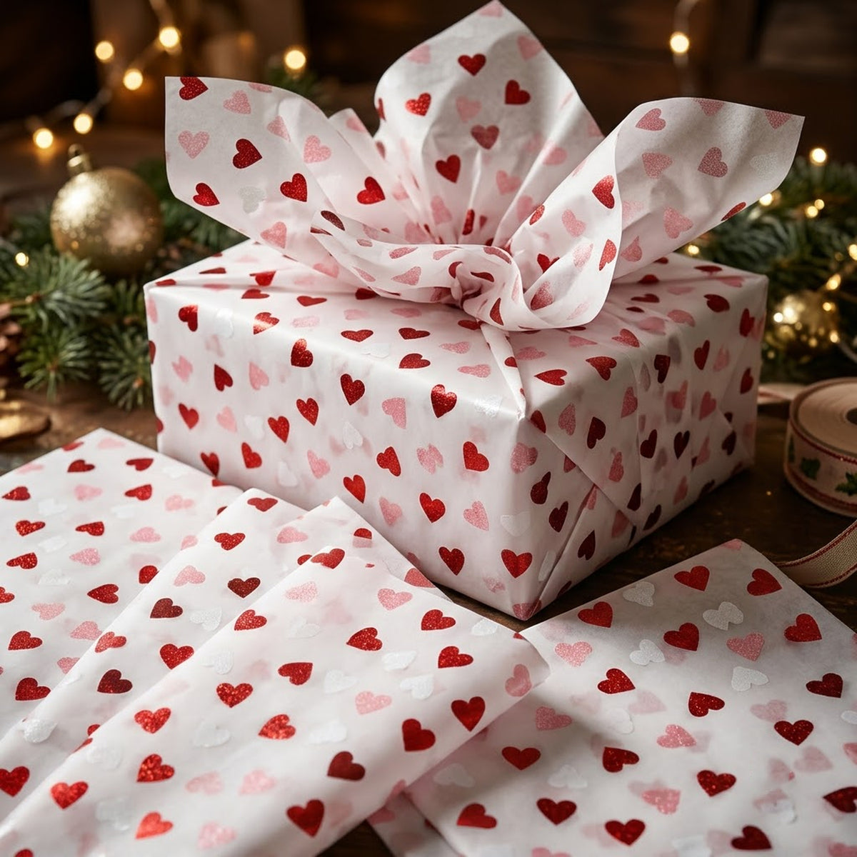 Pack of 5 Classic Hearts Design 50 x 70 cm Luxury Red Foil Tissue Sheets - Valentine, Wedding, Anniversary