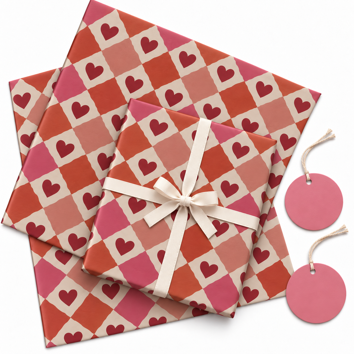 Pack of 2 Valentine Mosaic Design 50 x 70 cm Gift Wrap Sheets with 2 Tags - Valentine’s Mother's Day Birthdays Everyday Celebrations