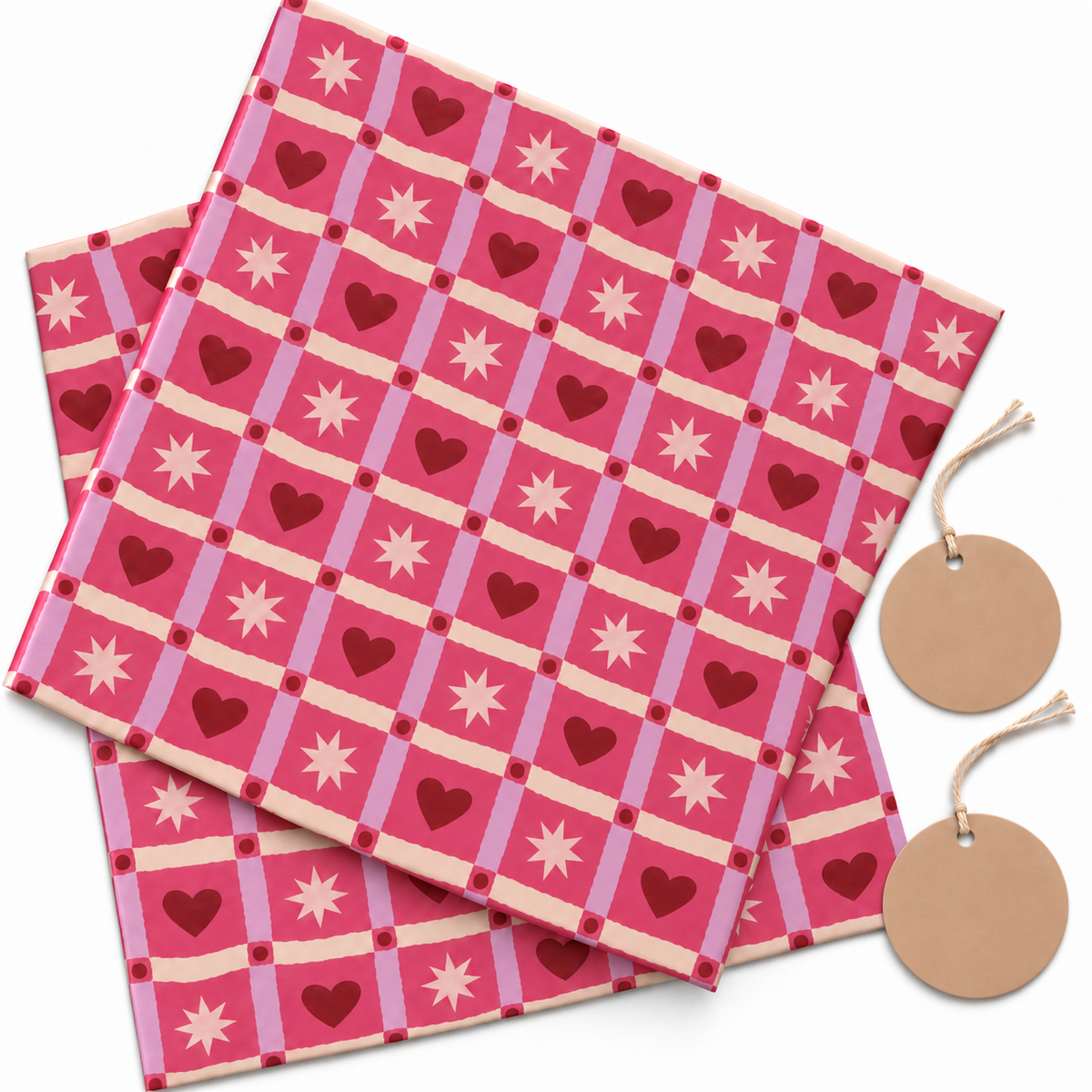 Pack of 2 Heart Quilts Design 50 x 70 cm Gift Wrap Sheets with 2 Tags - Valentine’s Day Christmas Romantic Occasions Birthdays