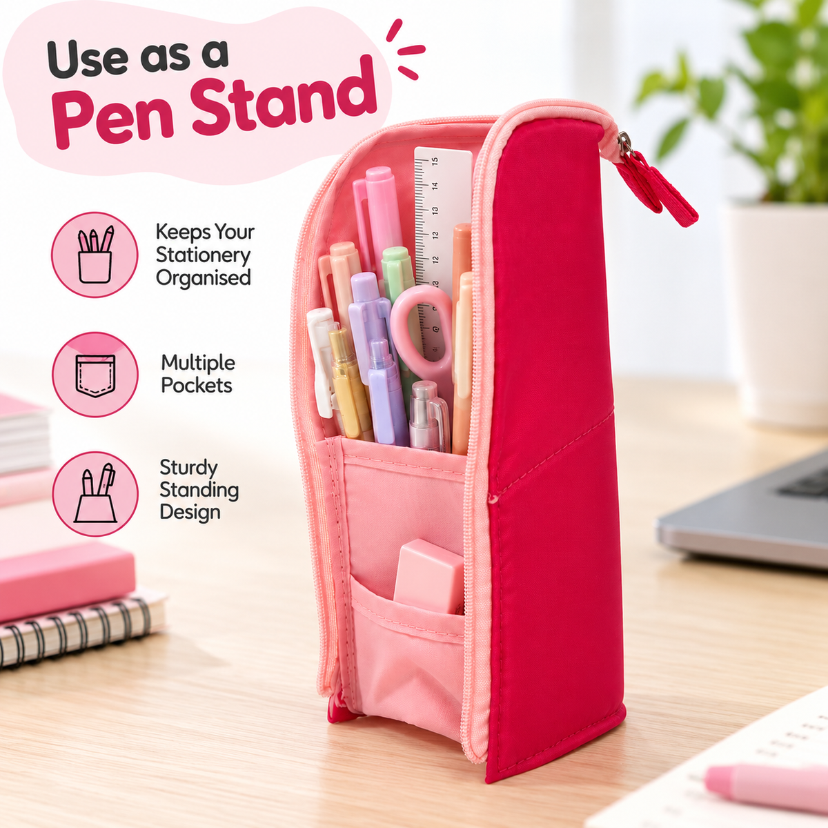 Pink Standing Zip Pencil Case 19.5 x 5 x 9cm