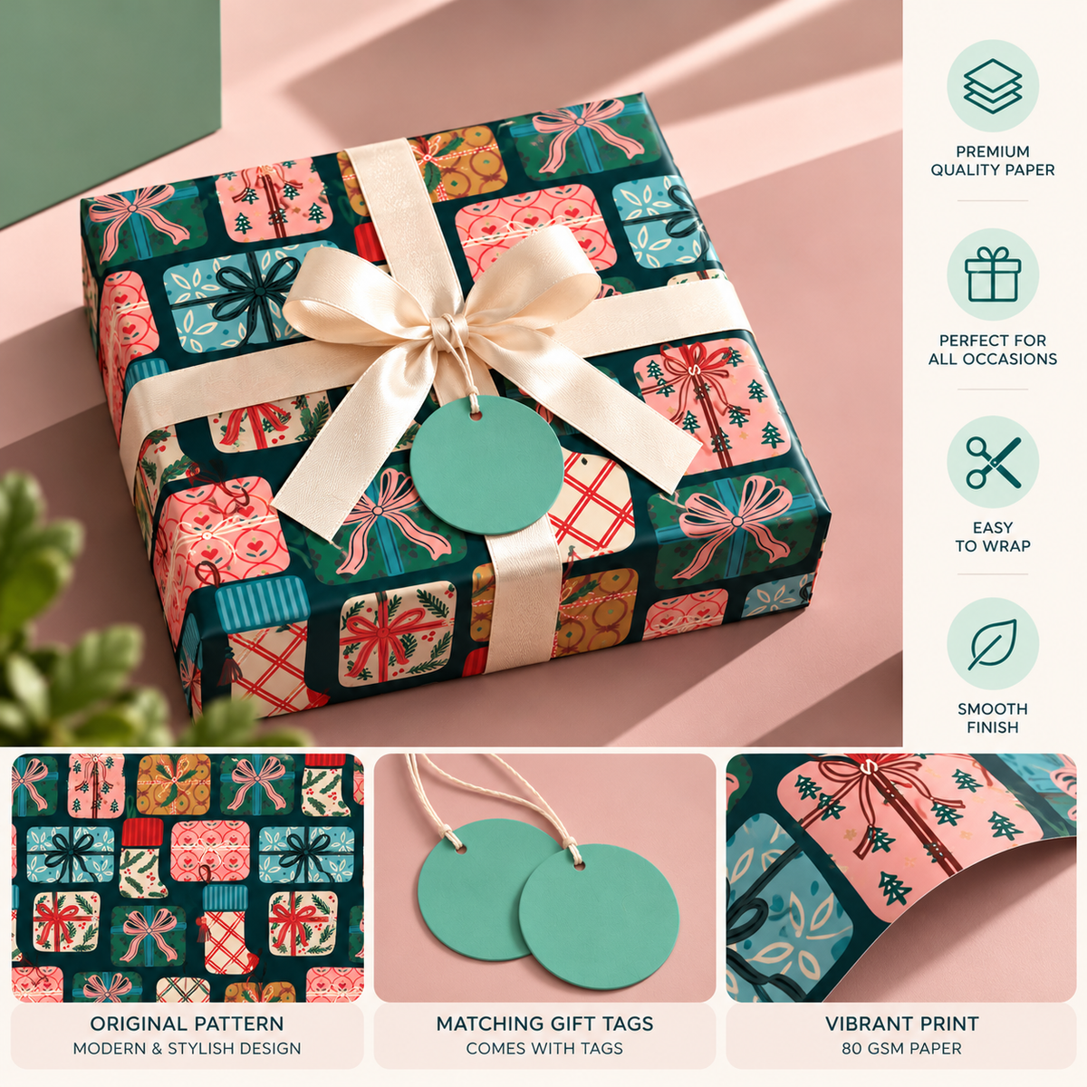 Pack of 2 Present Pattern Design 50 x 70 cm Gift Wrap Sheets with 2 Tags - Christmas Birthdays Kids Party Holiday Gifting