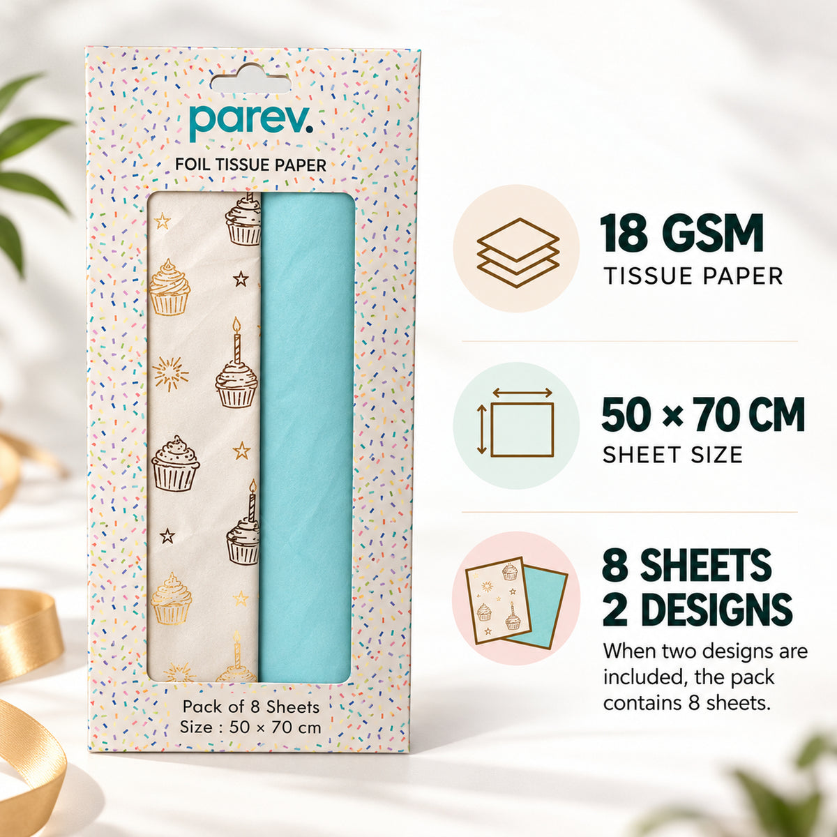 Pack of 8 Sweet Celebration Luxury Gold Foil Design & Plain Sky Blue 50 x 70 cm Tissue Sheets - Birthday, Cake, Boys
