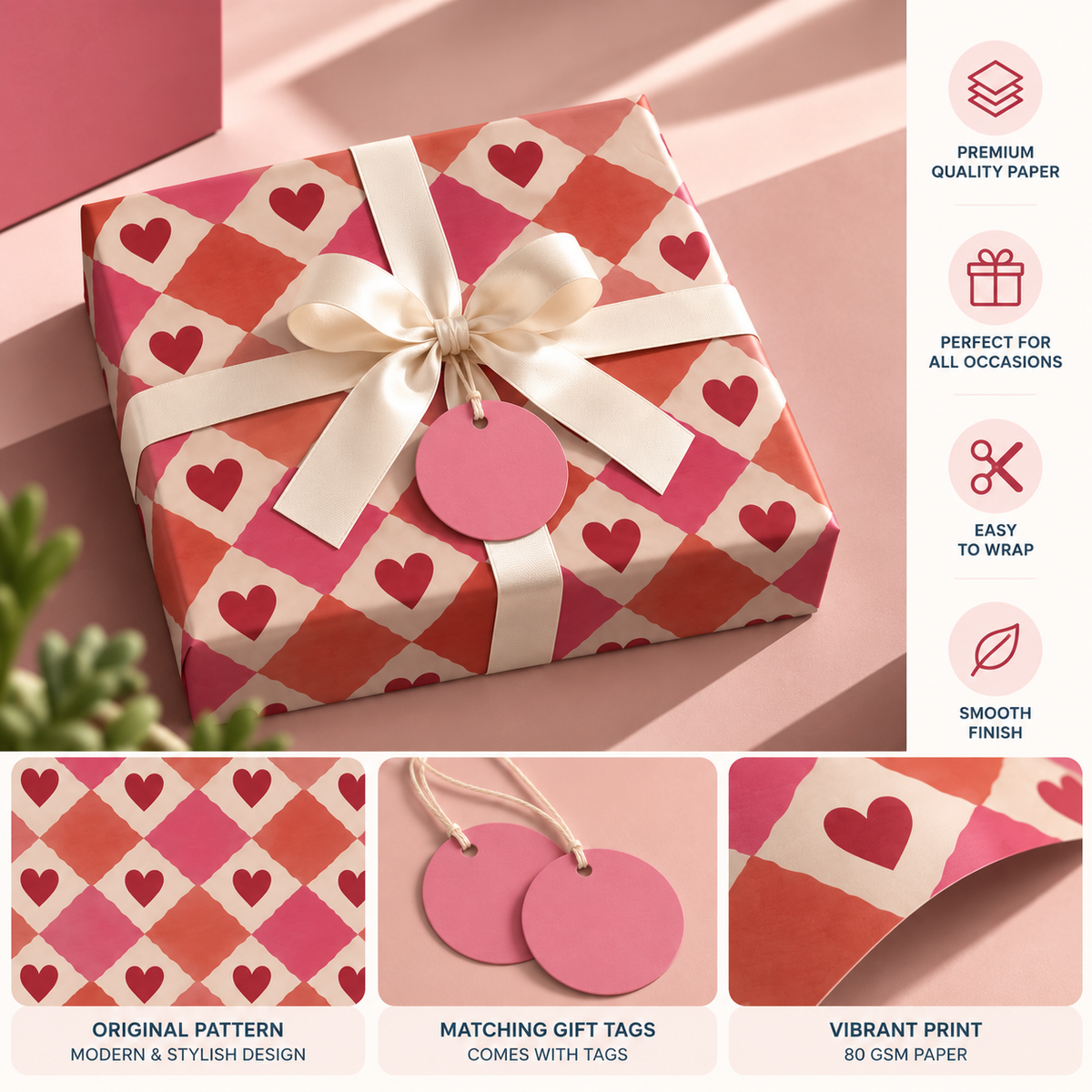 Pack of 2 Valentine Mosaic Design 50 x 70 cm Gift Wrap Sheets with 2 Tags - Valentine’s Mother's Day Birthdays Everyday Celebrations