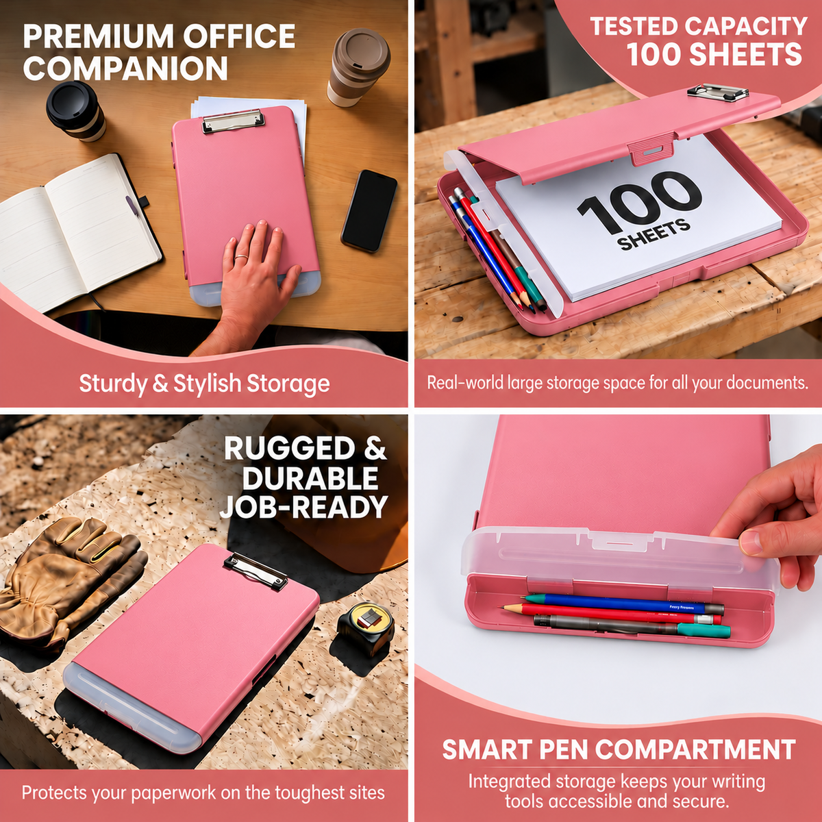 A4 Pink Plastic Clipboard Box File With Pencil Holder - Storage Filing Case