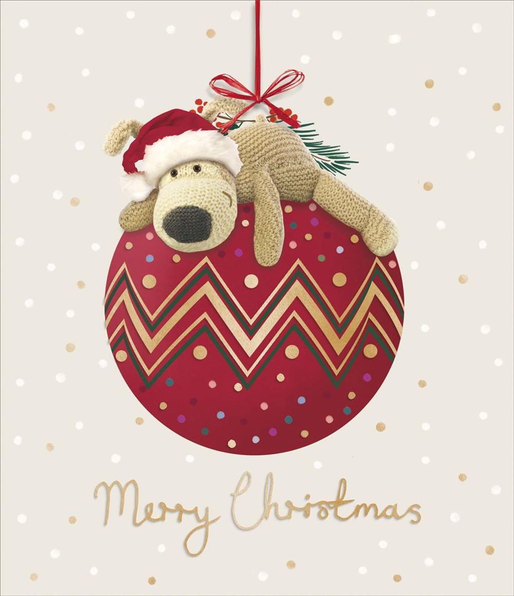 Boofle Lying On Bauble Christmas Card