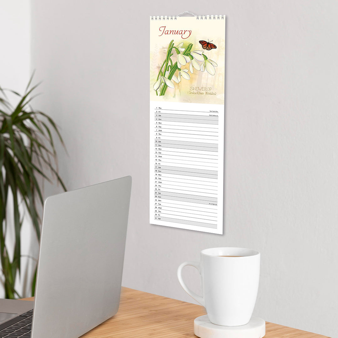 Slim Month To View Calendar 2026 – Photographic Floral – 143mm x 417mm