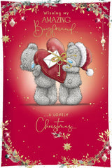 Bear Holding a Large Red Heart Shaped Present Amazing Boyfriend Christmas Card