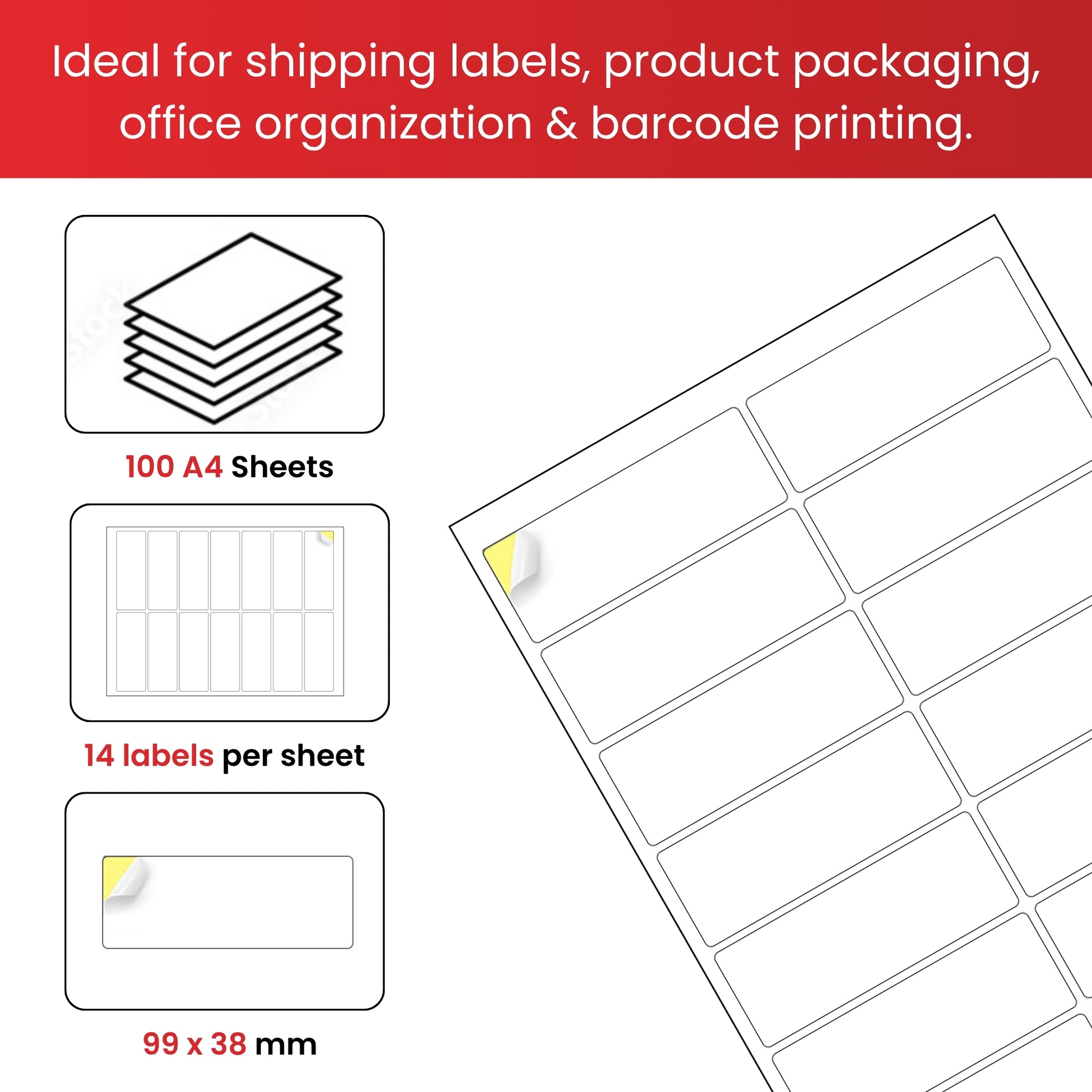 Pack of 1400 White 99x38mm Self Adhesive Labels (14 Labels per A4 Sheet)