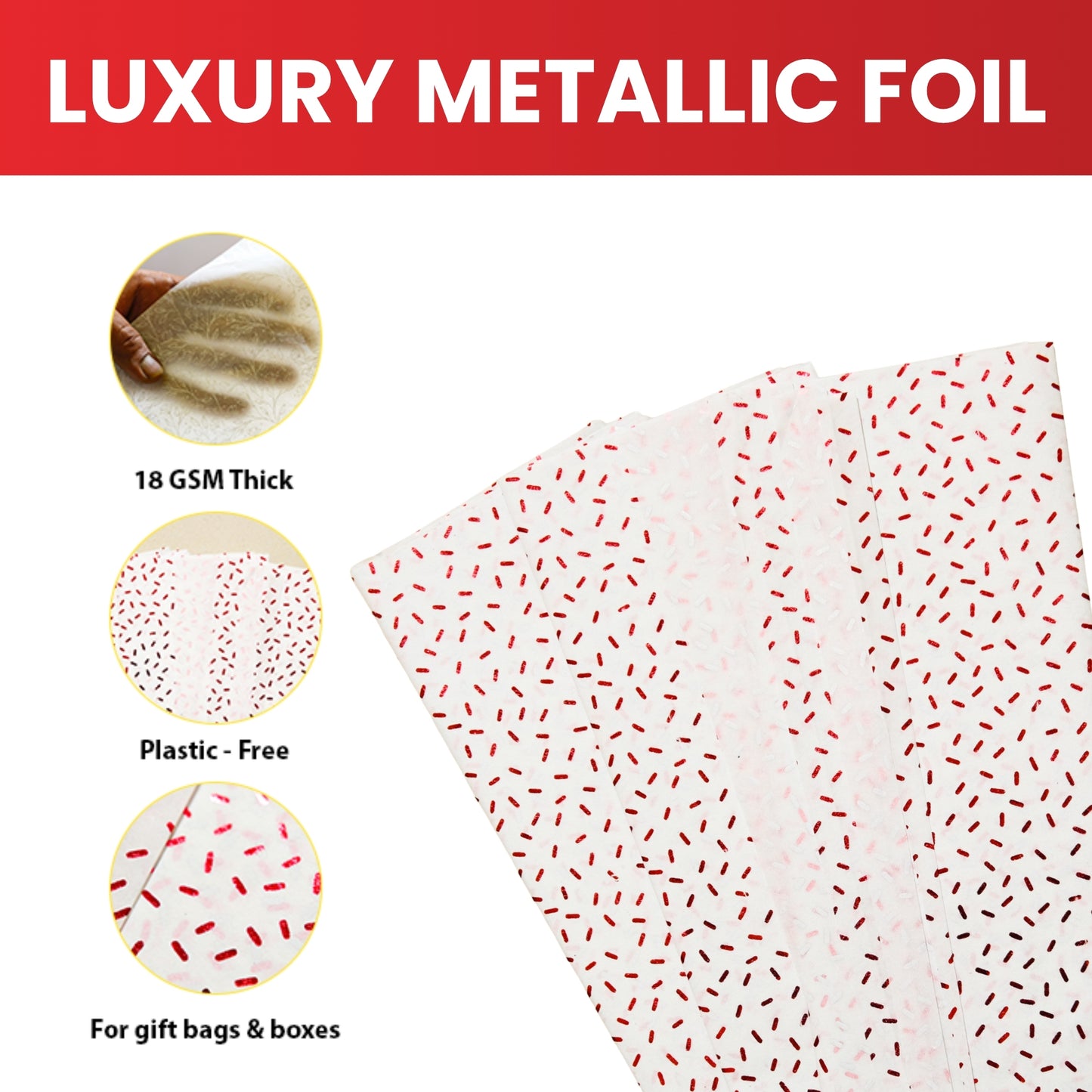 Pack of 10 Confetti Sprinkles Luxury Red Metallic Plastic-Free 18gsm Tissue Paper Sheets 50x70cm