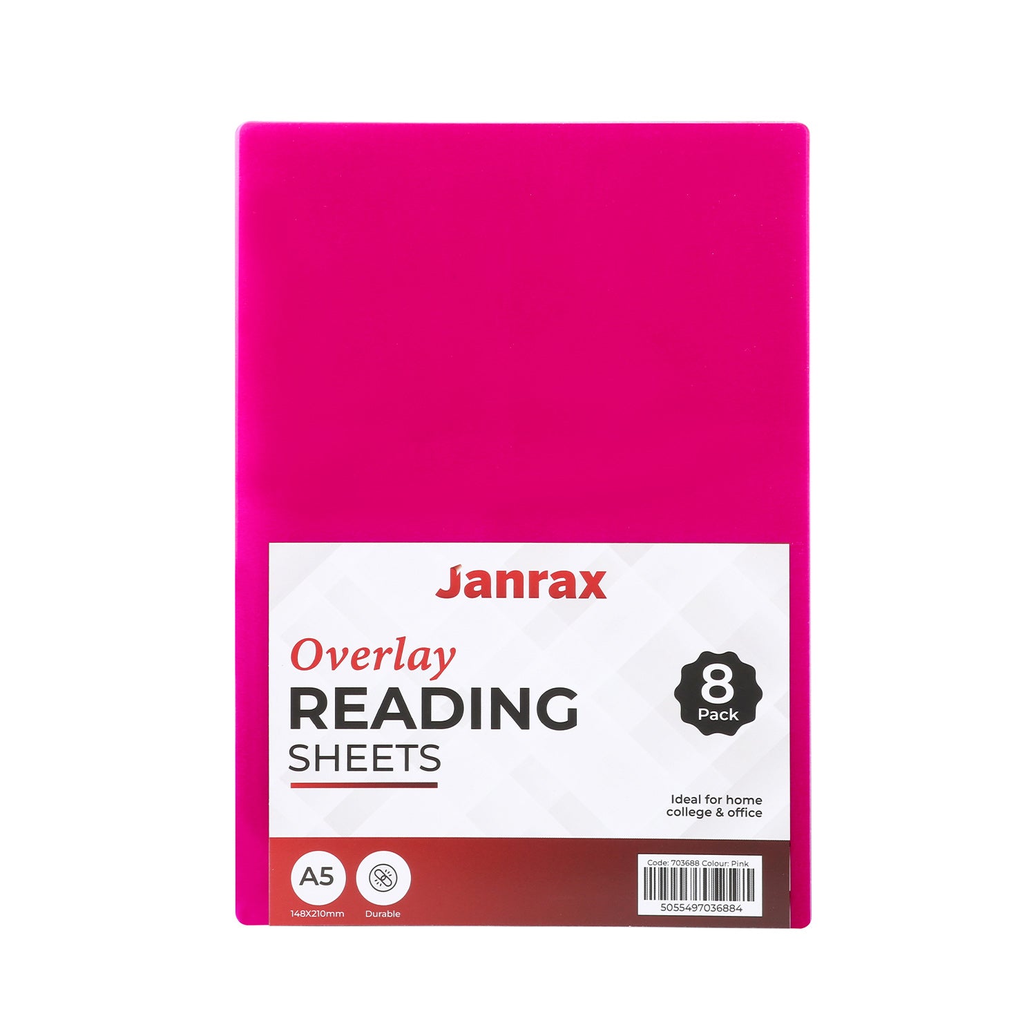 Pack of 8 A5 Plain Pink Dyslexia Overlay Reading Sheets – PET Material, Rounded Corners