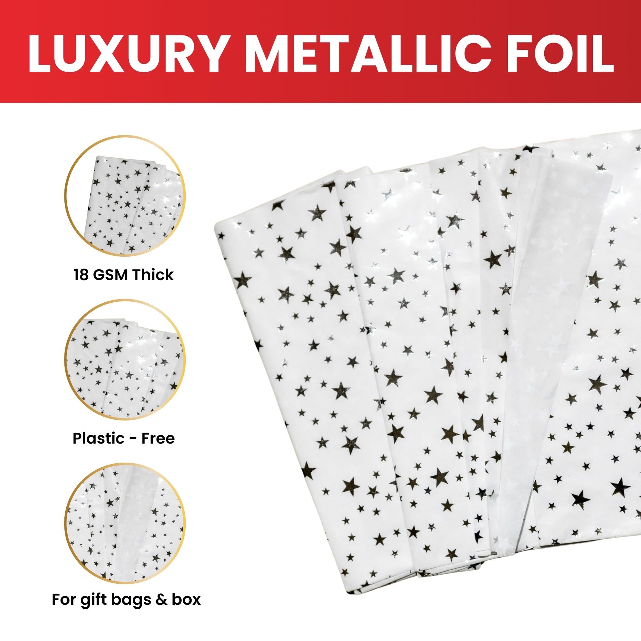 Pack of 10 Stars Luxury Silver Metallic Plastic-Free 18gsm Tissue Paper Sheets 50x70cm