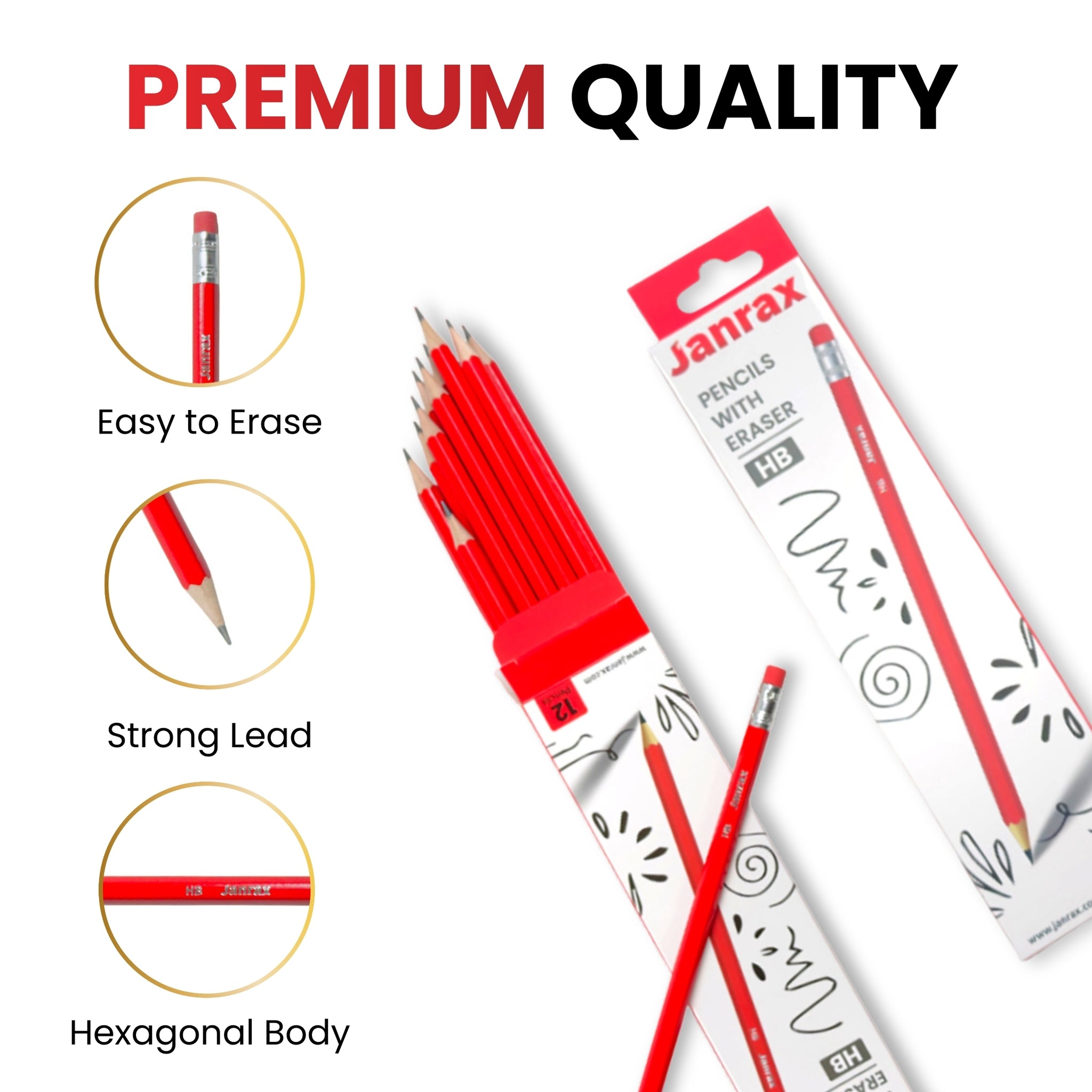 Pack of 12 Janrax HB Pencils with Erasers