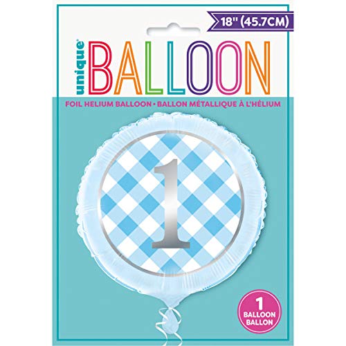 Blue Gingham 1st Birthday Round Foil Balloon 18"