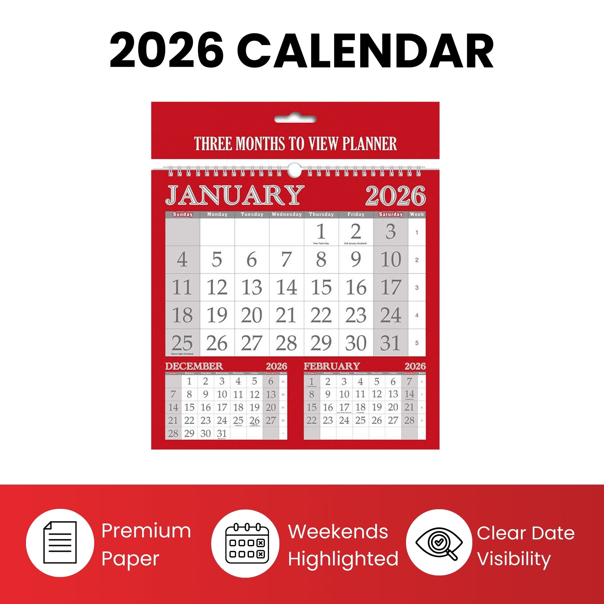 3 Month To View Calendar 2026 – 252mm x 244mm