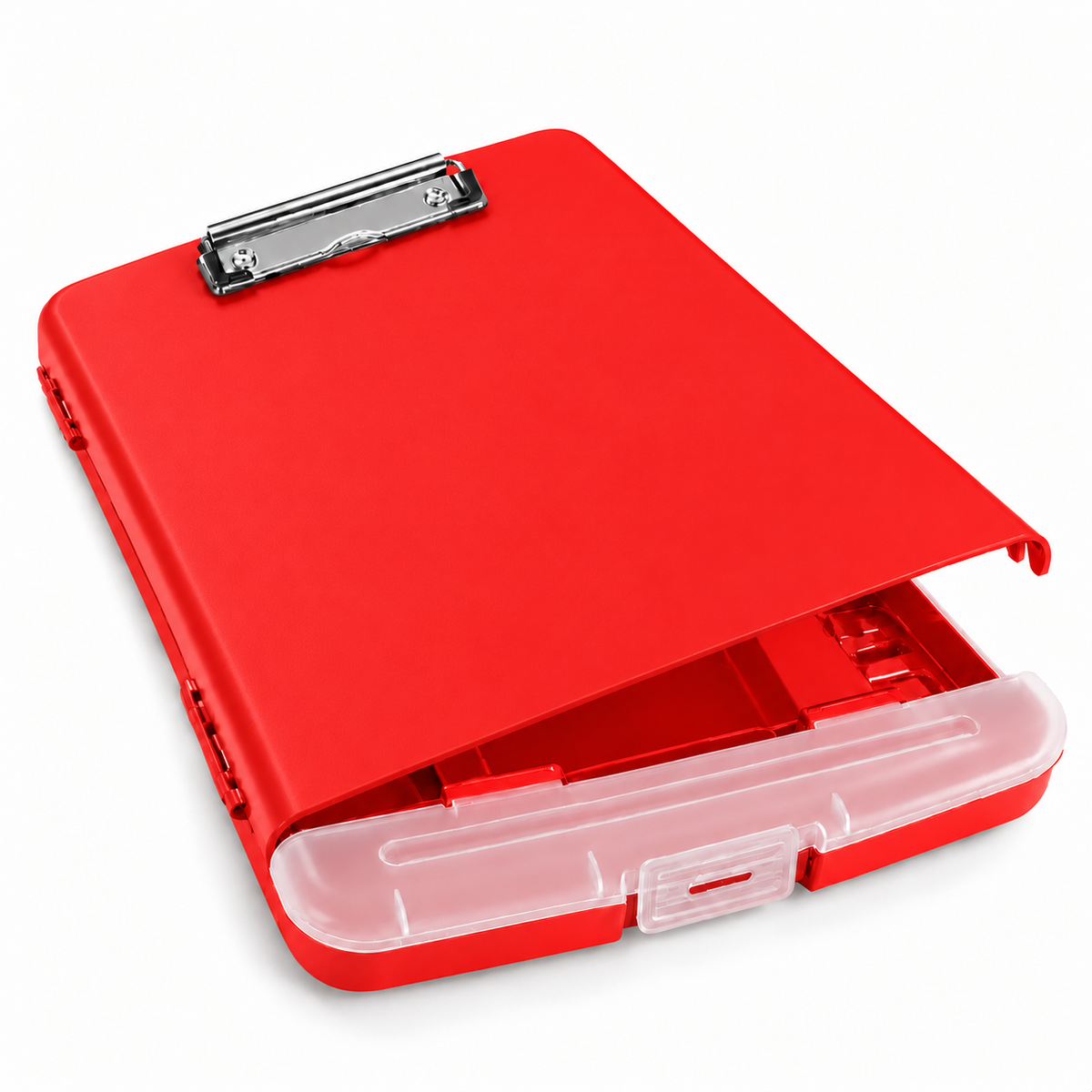 A4 Red Plastic Clipboard Box File With Pencil Holder - Storage Filing Case