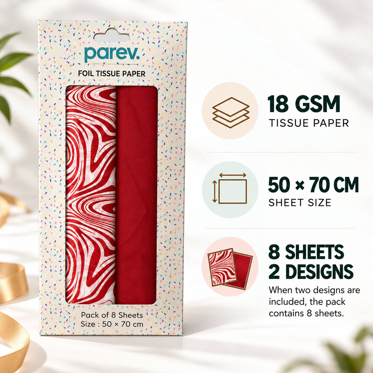 Pack of 8 Elegant Marble Luxury Red Foil Design & Plain Red 50 x 70 cm Tissue Sheets - Christmas, Valentine, Wedding