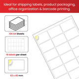 Pack of 1800 White 63x46mm Self Adhesive Labels (18 Labels per A4 Sheet)