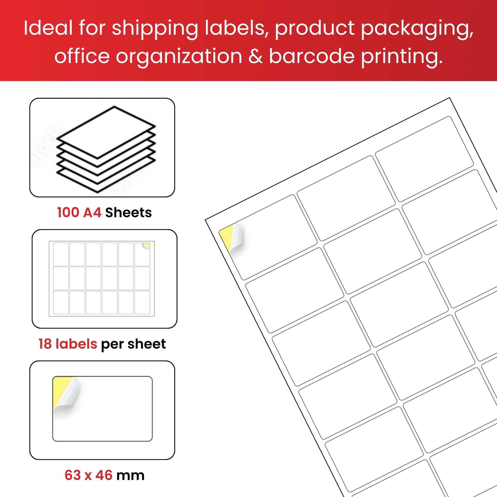 Pack of 1800 White 63x46mm Self Adhesive Labels (18 Labels per A4 Sheet)