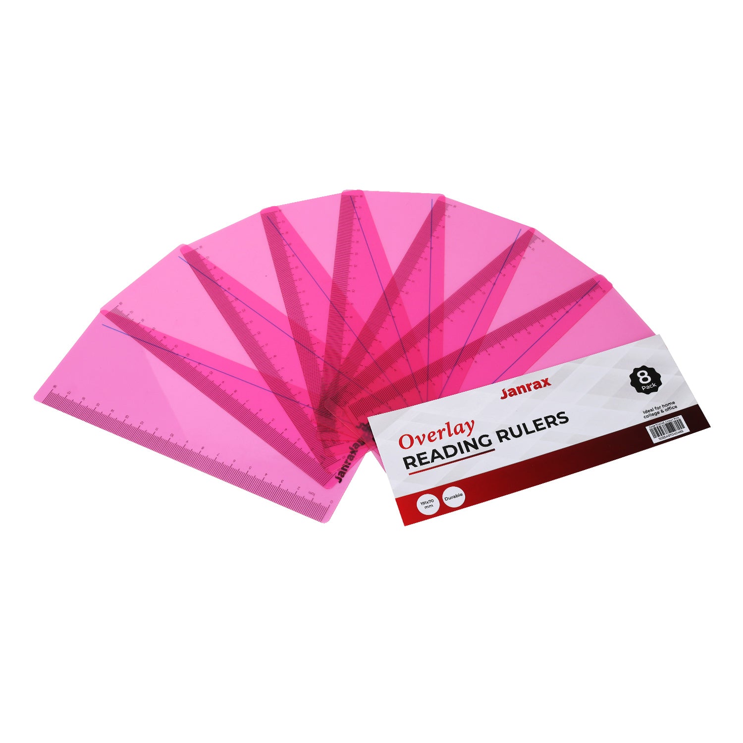 Pack of 8 Pink 191x70mm Dyslexia Overlay Reading Rulers – PET Material, Rounded Corners