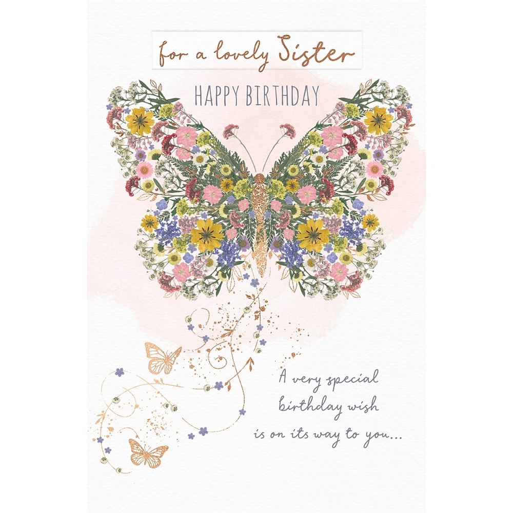 Sister Birthday Card Floral Butterfly Design 