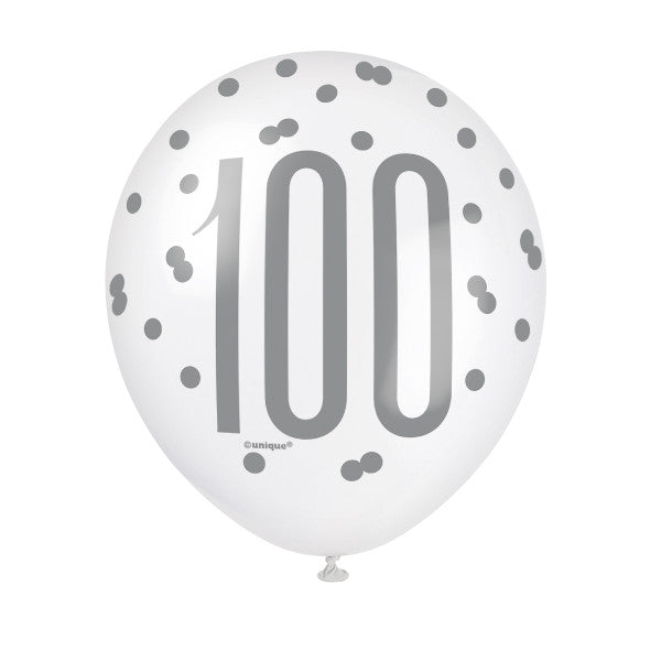 Pack of 6 Birthday Black Glitz Number 100 12" Latex Balloons