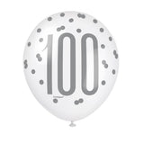 Pack of 6 Birthday Black Glitz Number 100 12" Latex Balloons