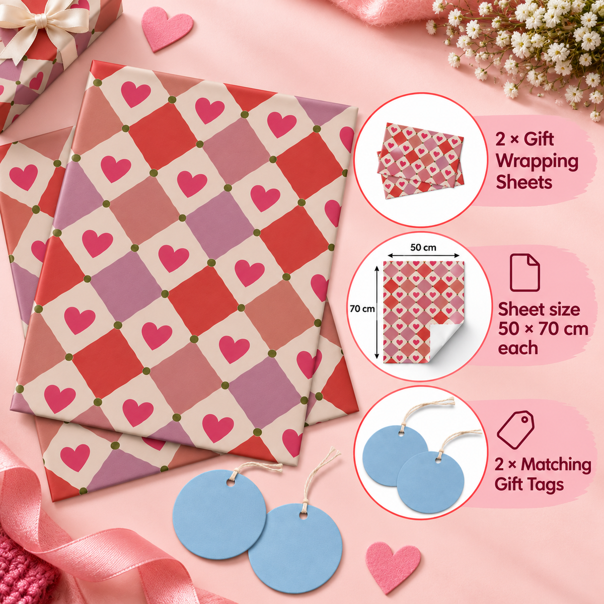 Pack of 2 Love Diamonds Design 50 x 70 cm Gift Wrap Sheets with 2 Tags - Valentine’s Day Christmas Romantic Occasions Birthdays