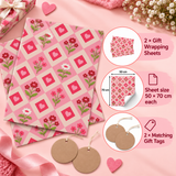 Pack of 2 Petal Checks Design 50 x 70 cm Gift Wrap Sheets with 2 Tags - Valentine’s Mother's Day Birthdays Everyday Celebrations