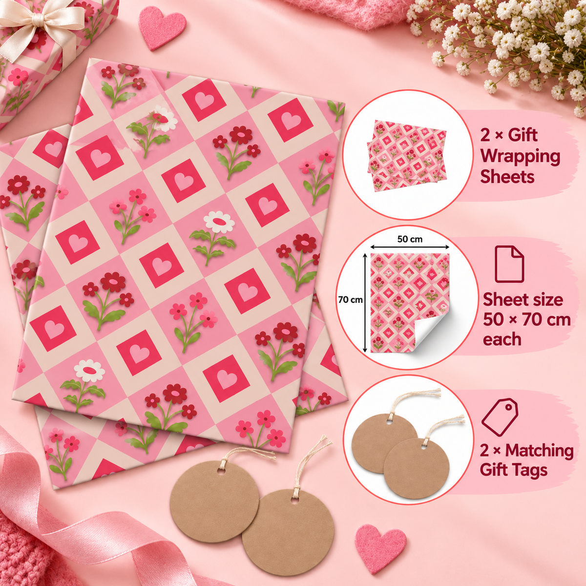 Pack of 2 Petal Checks Design 50 x 70 cm Gift Wrap Sheets with 2 Tags - Valentine’s Mother's Day Birthdays Everyday Celebrations