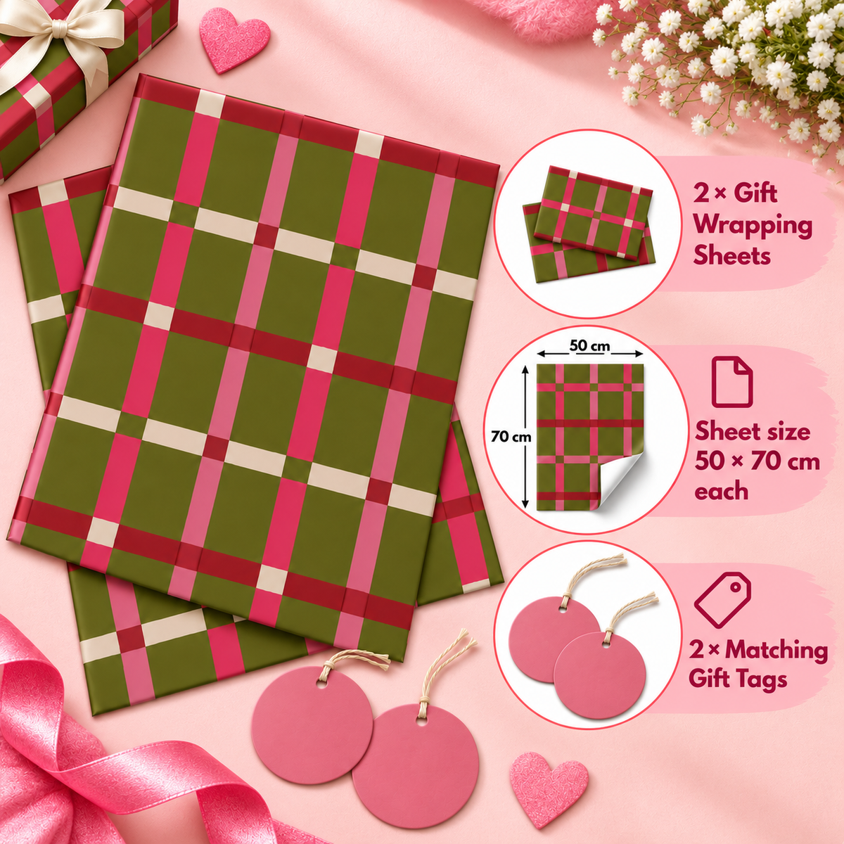 Pack of 2 Meadow Check Design 50 x 70 cm Gift Wrap Sheets with 2 Tags - Christmas Valentine’s Mother's Day Birthdays Everyday Celebrations