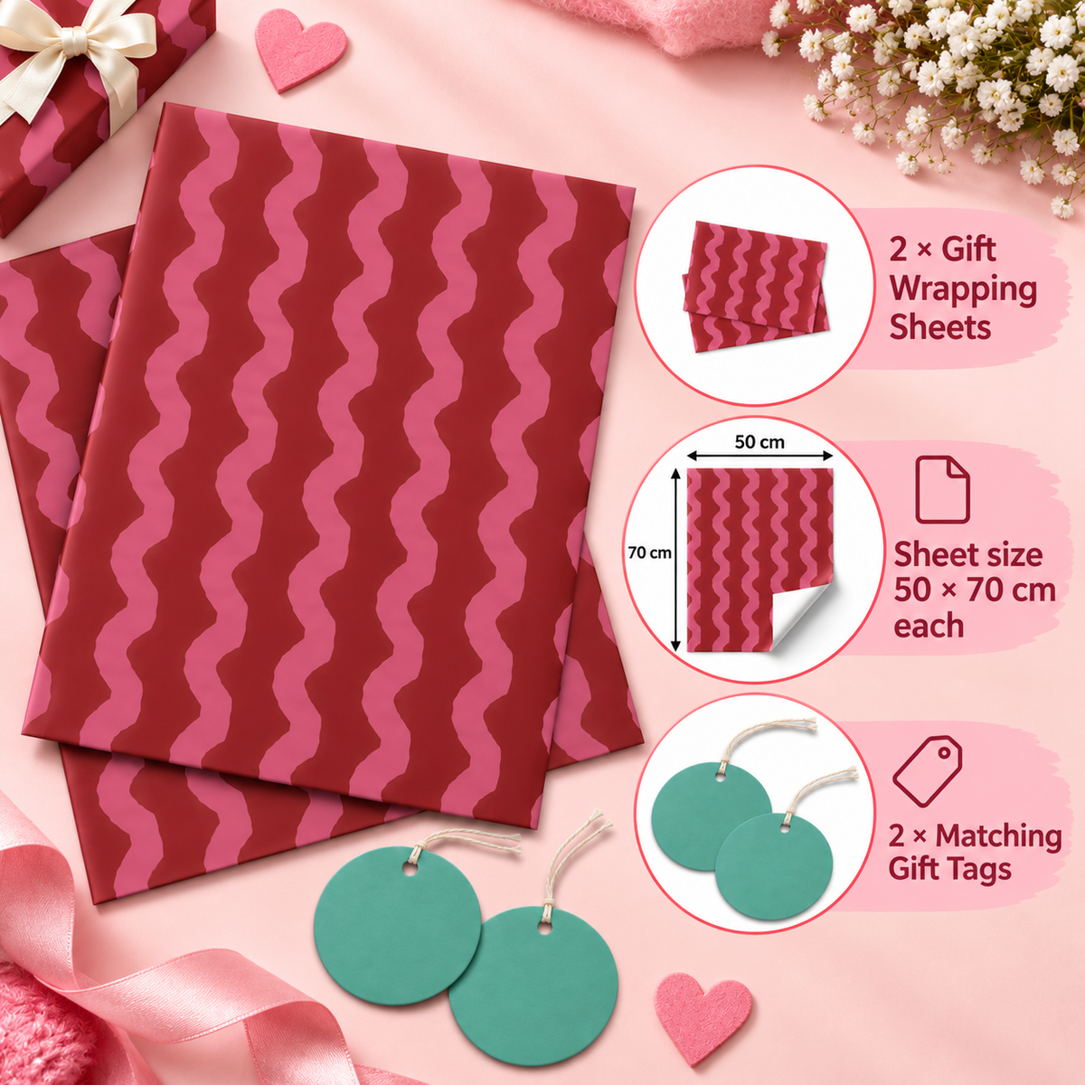 Pack of 2 Cherry Waves Design 50 x 70 cm Gift Wrap Sheets with 2 Tags - Christmas Birthdays Kids Party Holiday Gifting