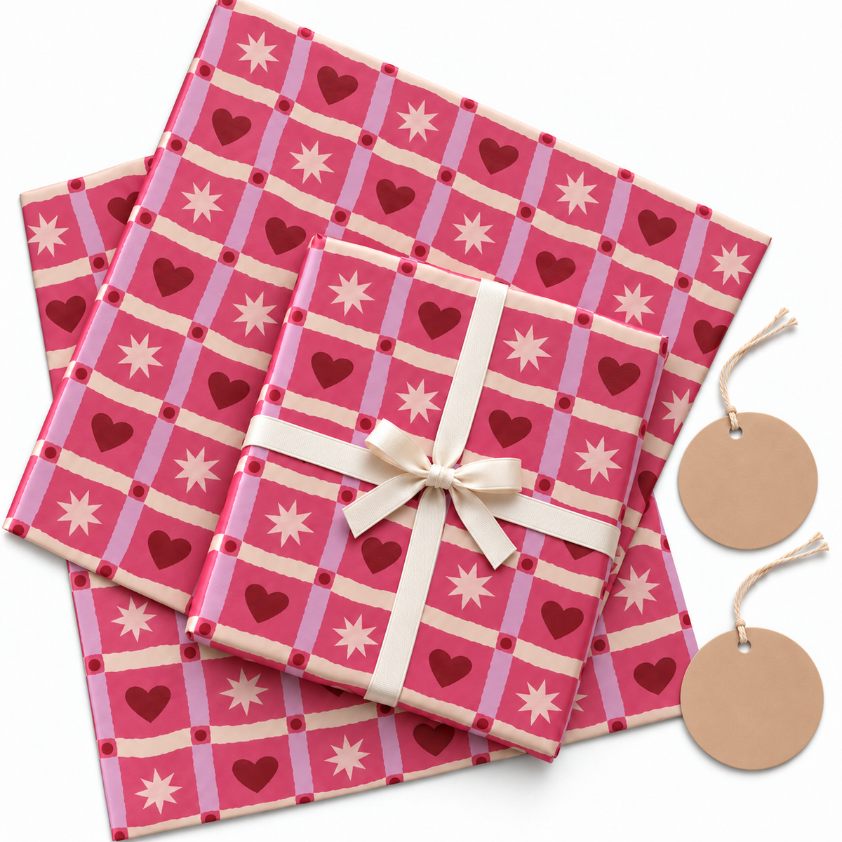 Pack of 2 Heart Quilts Design 50 x 70 cm Gift Wrap Sheets with 2 Tags - Valentine’s Day Christmas Romantic Occasions Birthdays