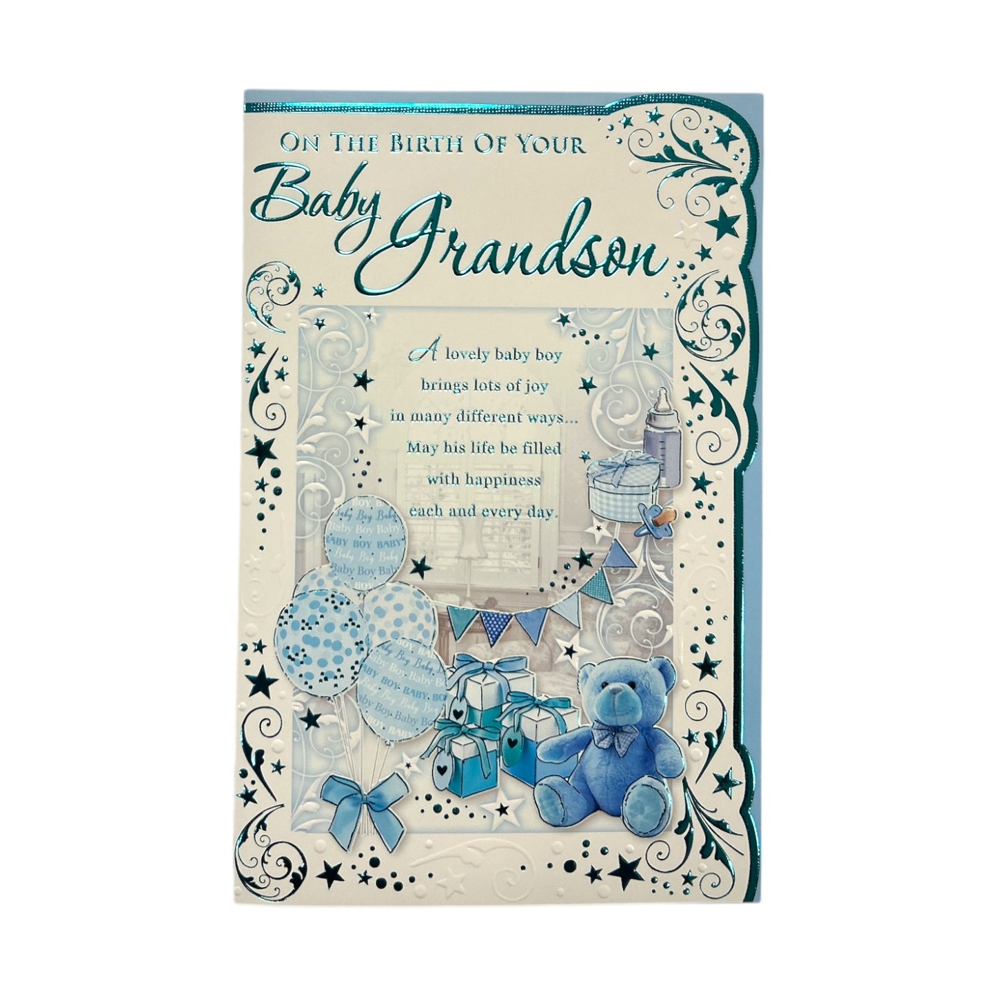 On The Birth Of Grandson Blue Balloons And Teddy Design Opacity Congratulations Card