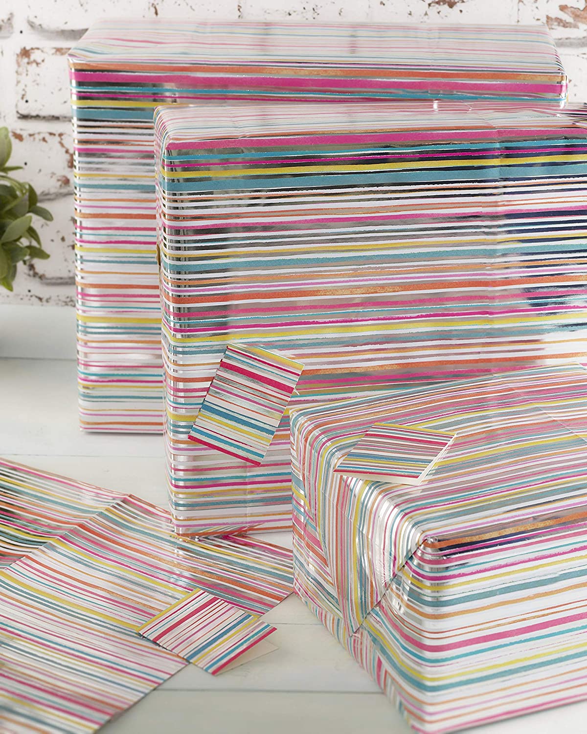 Foil Stripes Birthday Gift Wrapping Paper 1 Sheet & 1 Tags 