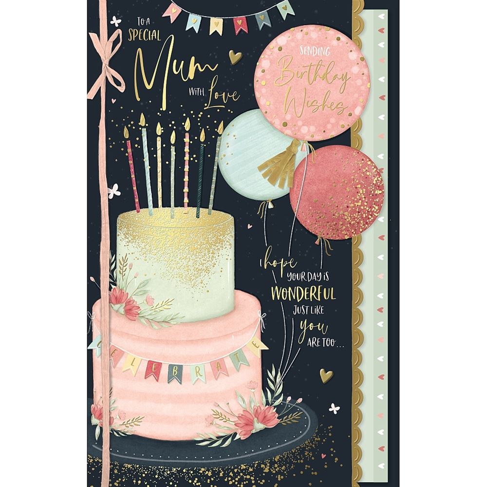 Special Mum Large Birthday Card Cake and Balloon Design