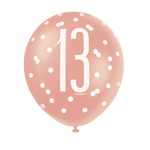 Pack of 6 12" Birthday Rose Gold Glitz Number 13 Latex Balloons {DC}